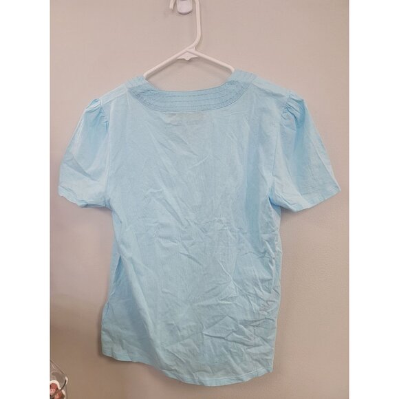 Rafaella Womens Light Blue Cotton Short Sleeve Top With Embroidered V-Neckline & - Picture 5 of 5